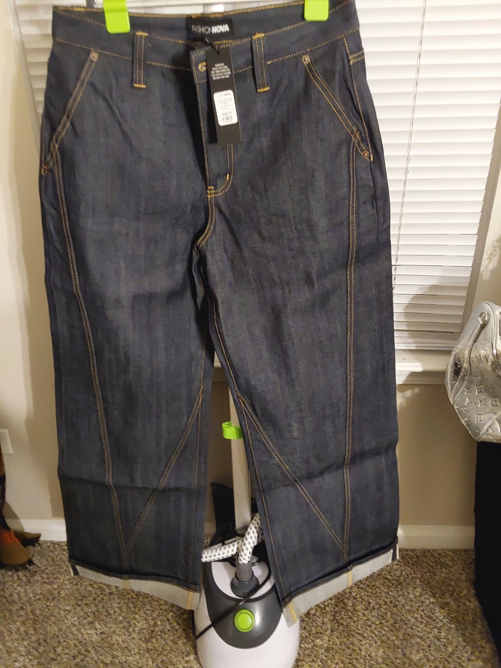 Fashion Nova Men's Dark Indigo Relaxed Jeans with Contrast Stitching